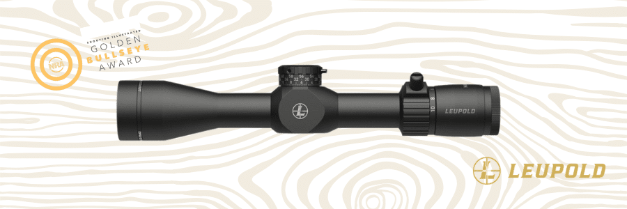 A black Leupold Mark4 HD riflescope against a wood grain graphic background, with the Shooting Illustrated Golden Bullseye Award logo to the top left, and the gold Leupold logo to the bottom right