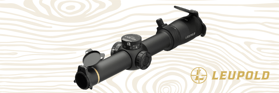 Leupold VX-6HD Gen 2 Riflescope A black Leupold V6 HD Gen 2 riflescope photographed at an angle, against a wood grain graphic background, with the Shooting Illustrated Golden Bullseye Award logo to the top left, and the gold Leupold logo to the bottom right
