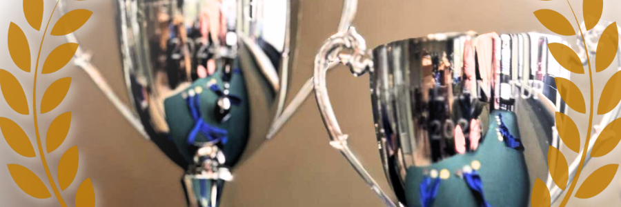 Two silver trophies with 2 handles each and a square base, standing on a black table with a blue ribbon around their bases. A white laurel wreath appears at the left and right of the frame.